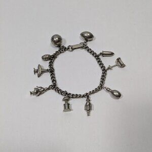 Silver Tone Charm Bracelet Sports Armed Forces 10 Charms Basketball Football
